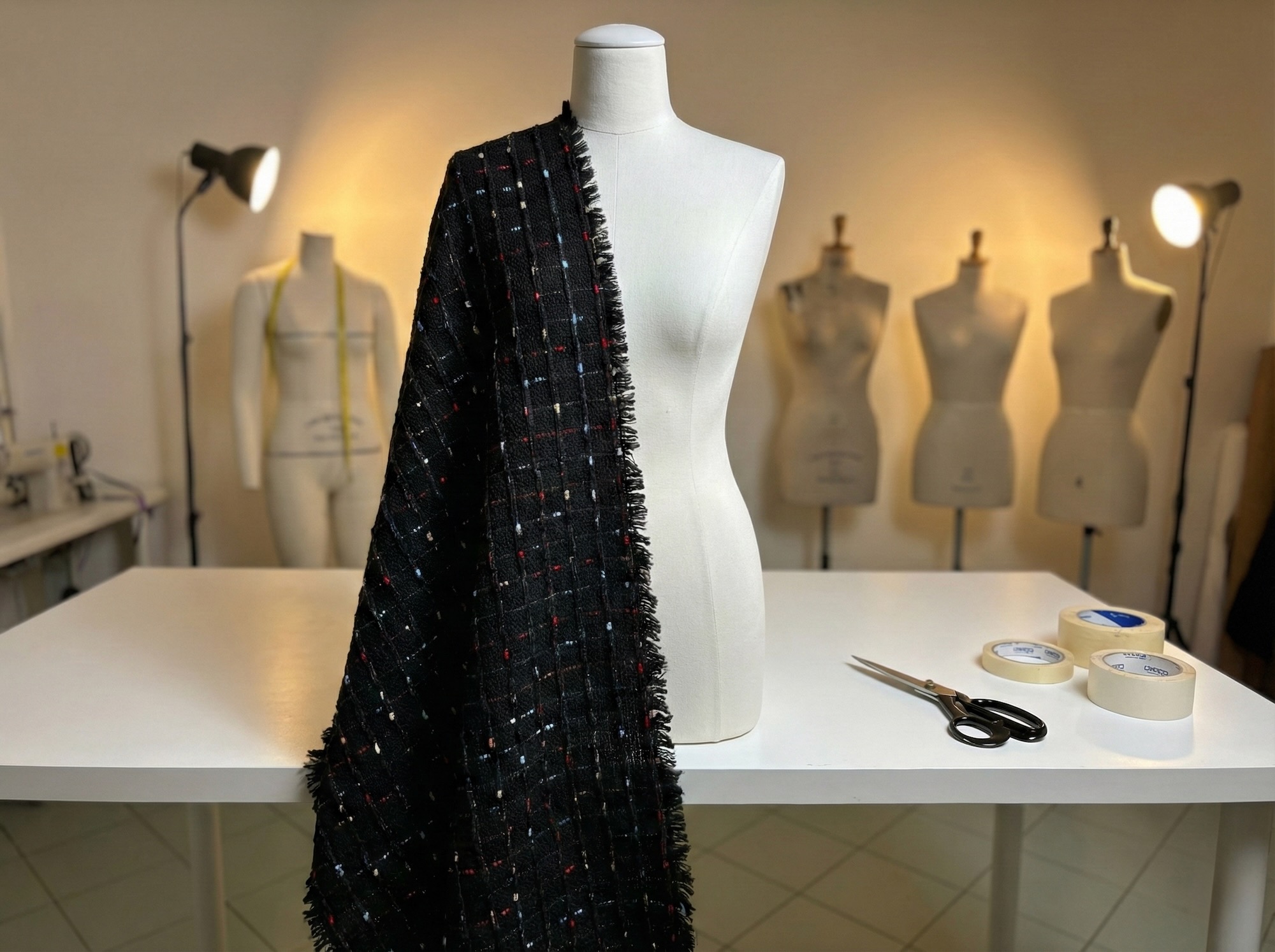 Tessuto tweed nero con inserti colore su manichino
