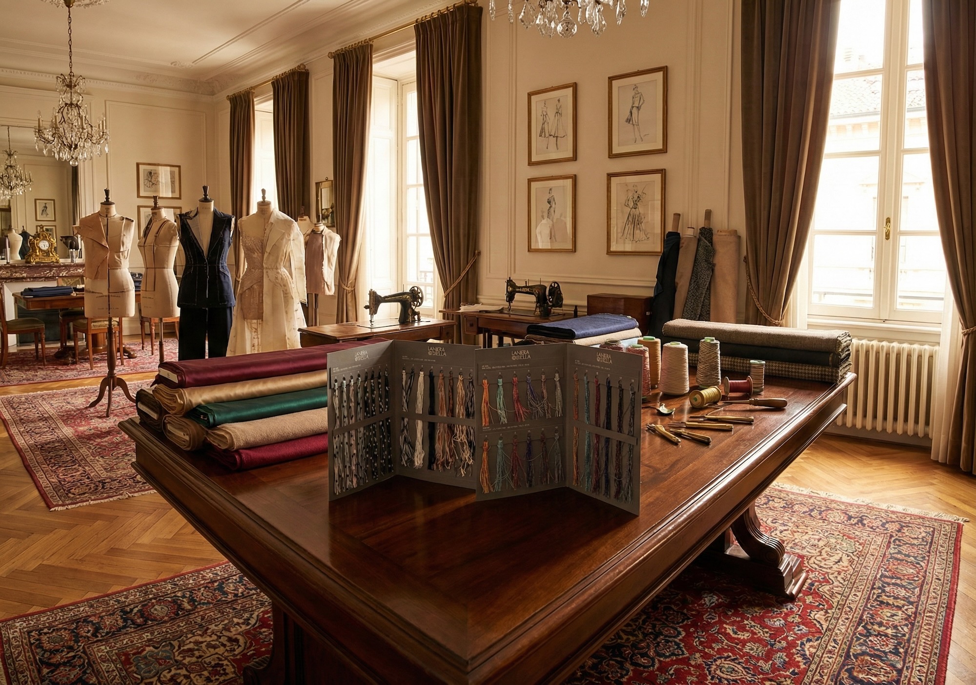 Atelier storico con cartelle colore e macchine da cucire d'epoca